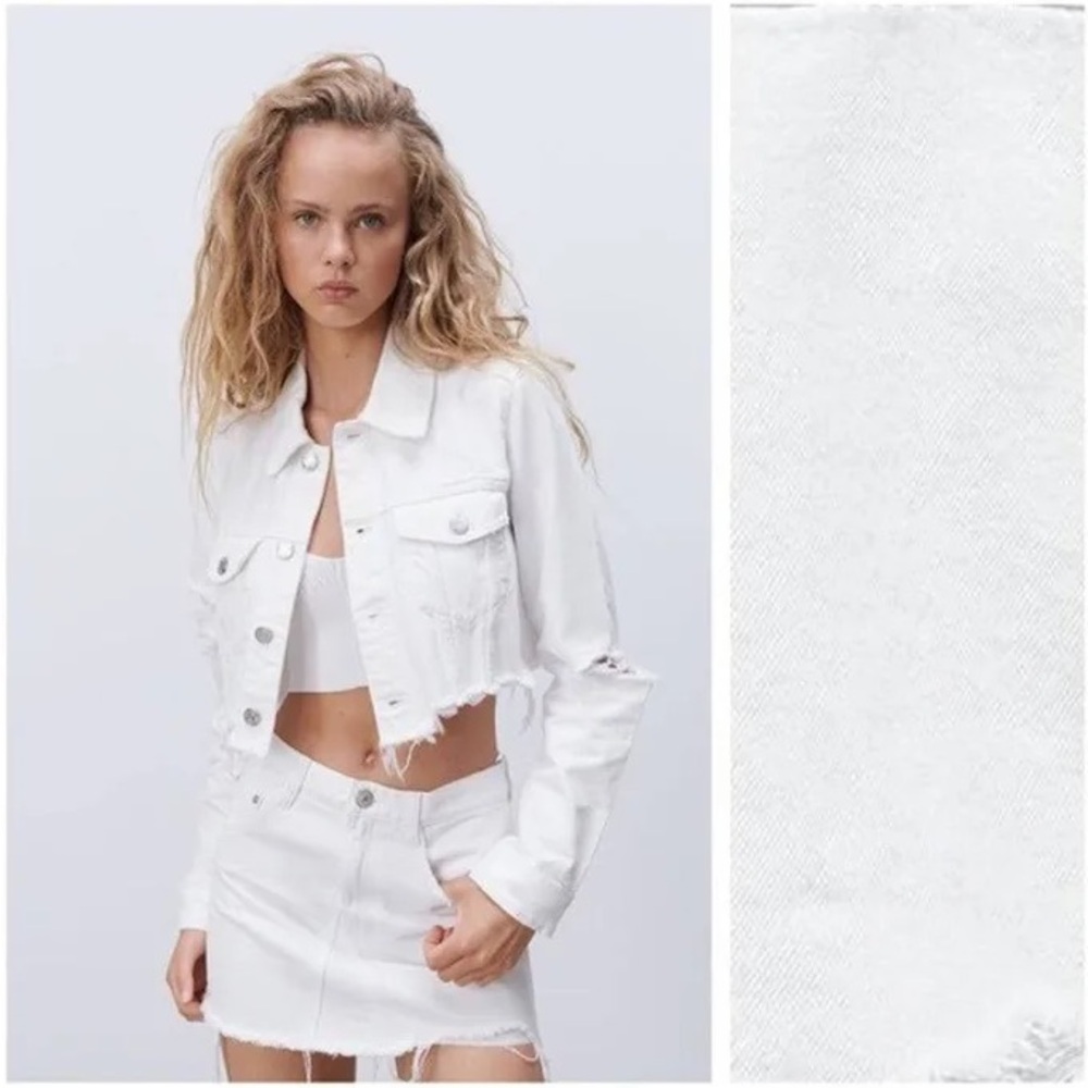 Zara Denim Jacket Womens Cropped White Raw Hem